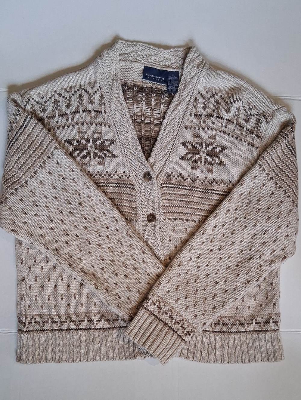 Vintage Liz claiborn Cream Fair Isle Cardigan Sweater. Womans XL.